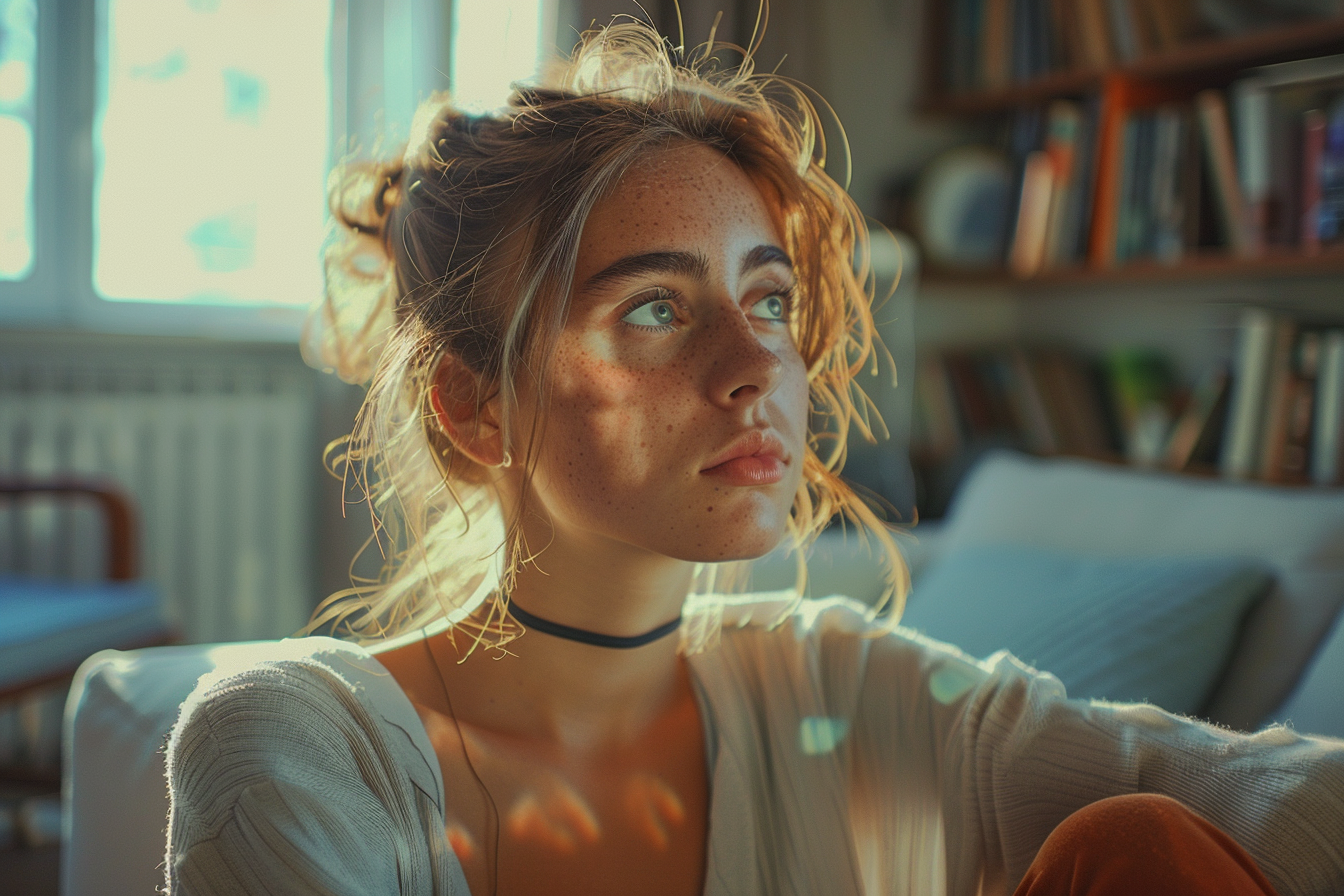 Une femme qui réfléchit dans son salon | Source : Midjourney