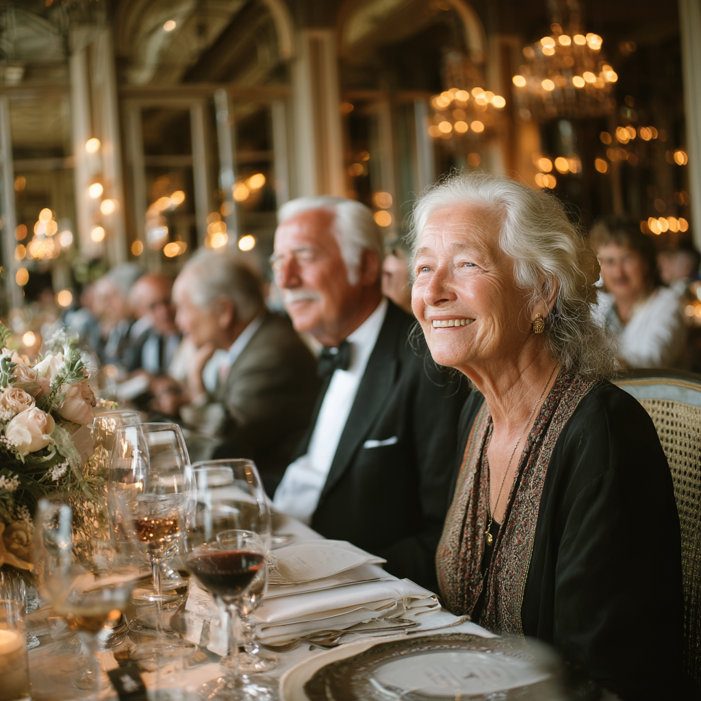 Une femme heureuse avec des invités lors d'un mariage | Source : Midjourney
