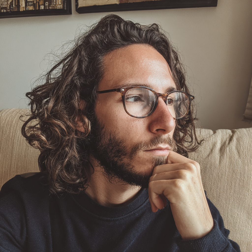 Un homme pensif portant une chemise marine | Source : Midjourney