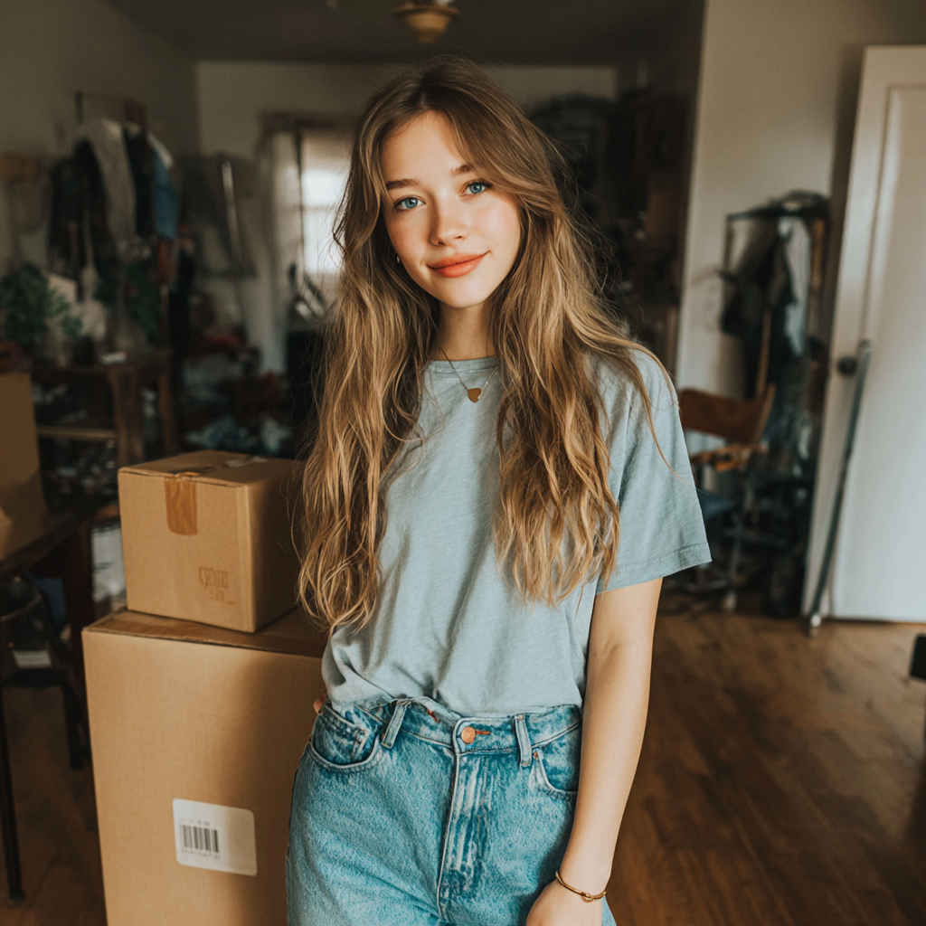 Une adolescente debout dans un salon avec des boîtes | Source : Midjourney