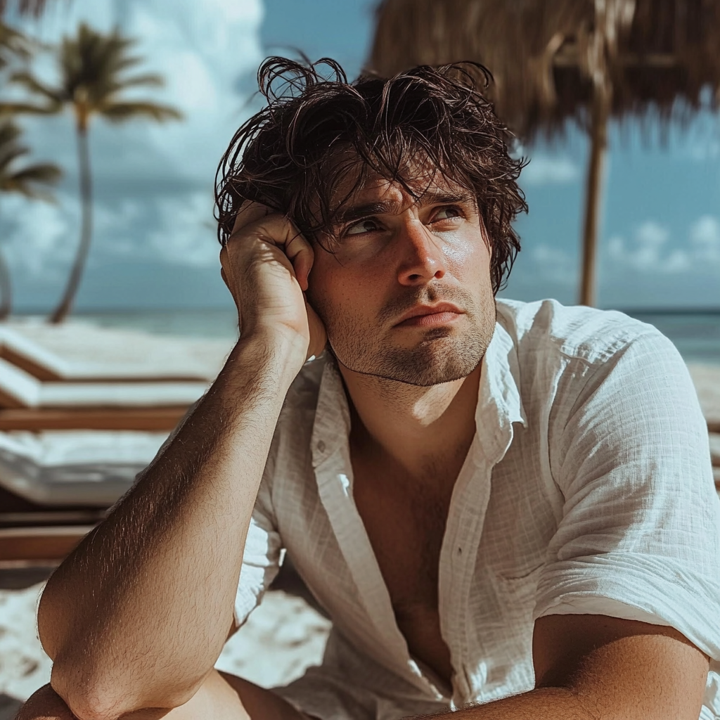 Un homme assis sur une plage et qui a l'air inquiet | Source : Midjourney