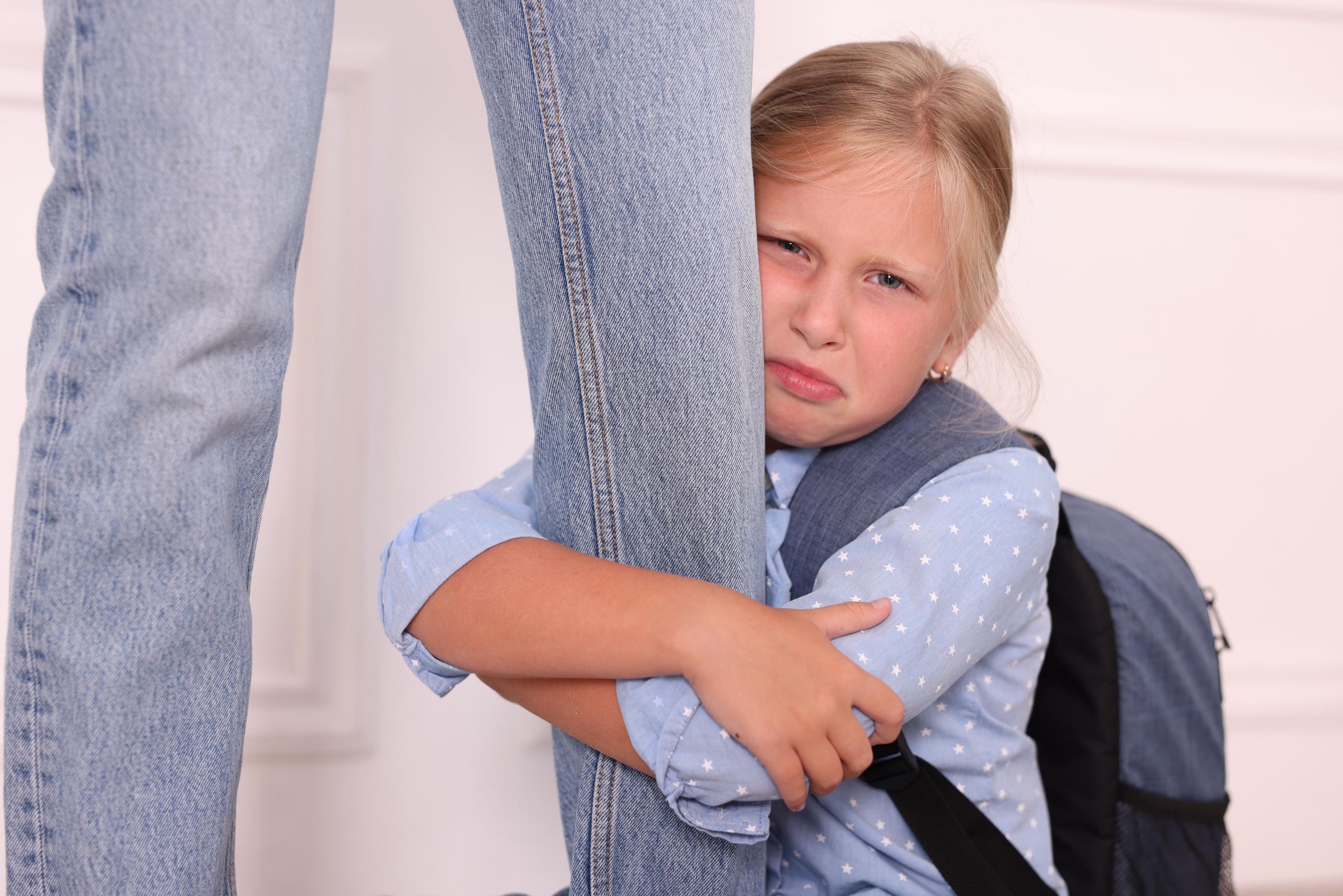 Une petite fille qui pleure en s'agrippant à la jambe d'un adulte | Source : Shutterstock