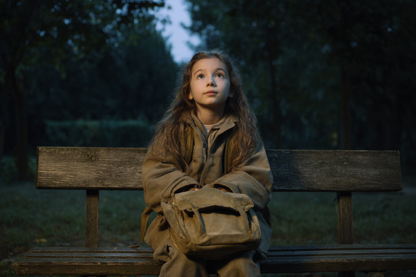 Une fille assise sur un banc public, portant une veste trop grande | Source : Midjourney