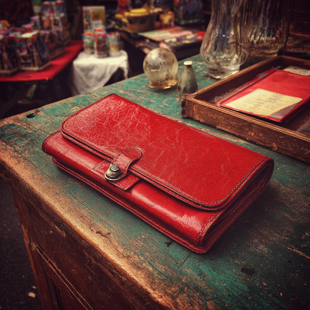 Un sac à main vintage en cuir rouge posé sur une table | Source : Midjourney