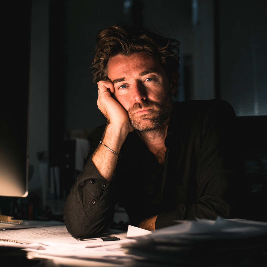 Un homme frustré portant une chemise formelle noire | Source : Midjourney