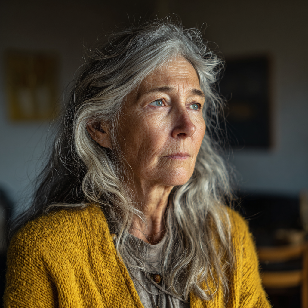 Une vieille femme inquiète debout dans un salon | Source : Midjourney