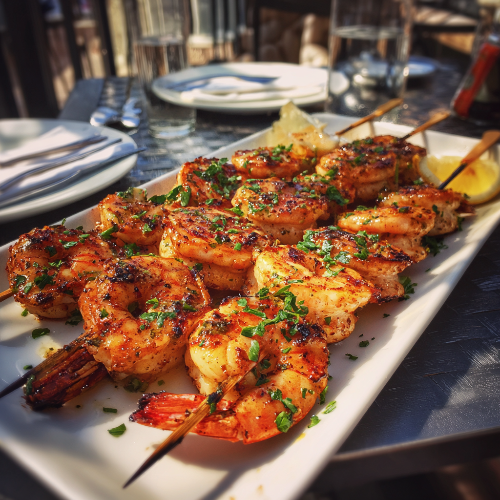 Un plateau de brochettes de crevettes | Source : Midjourney