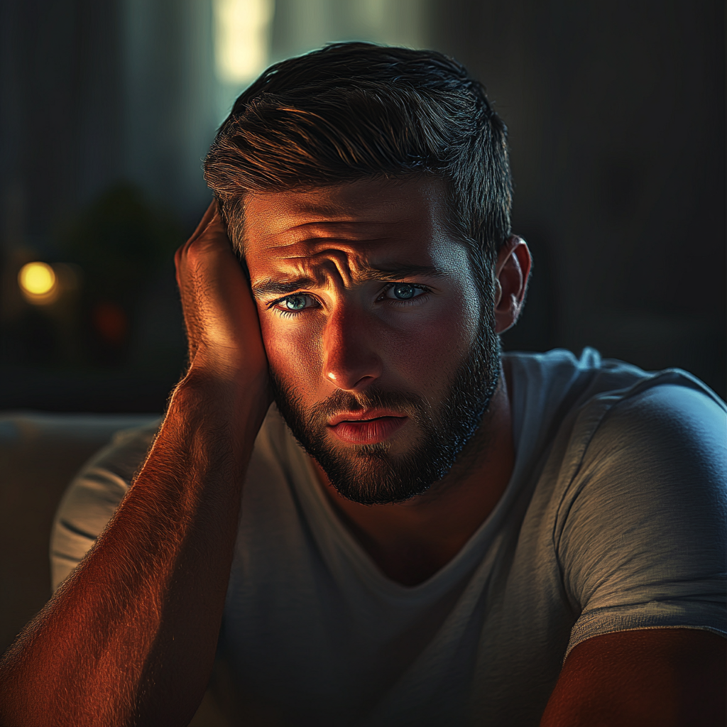 Un homme sur un canapé, inquiet | Source : Midjourney