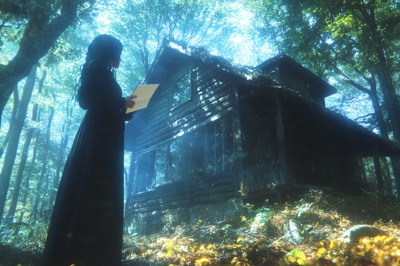 Une femme debout devant une vieille cabane | Source : Midjourney