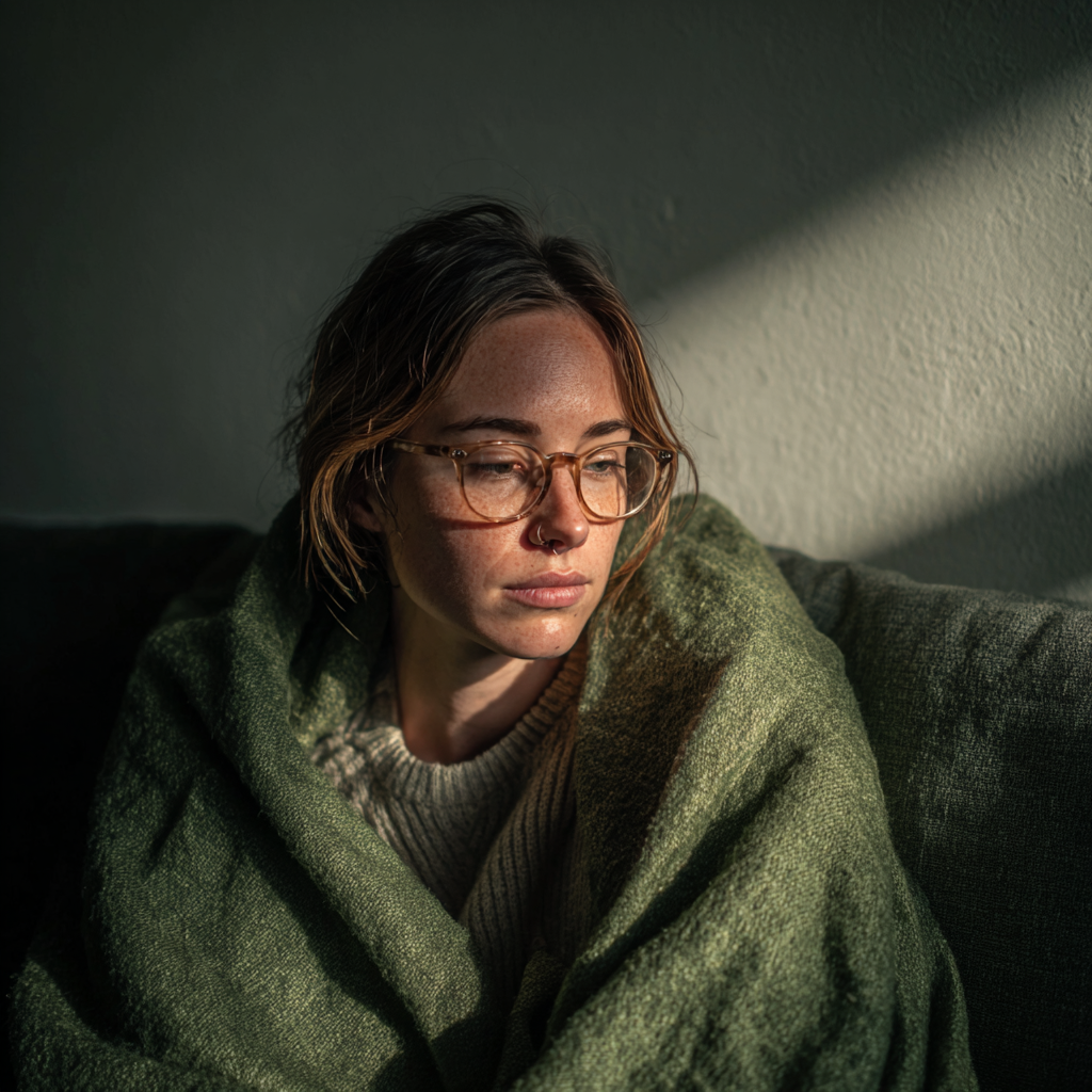 Une femme émotive enveloppée dans une couverture verte | Source : Midjourney
