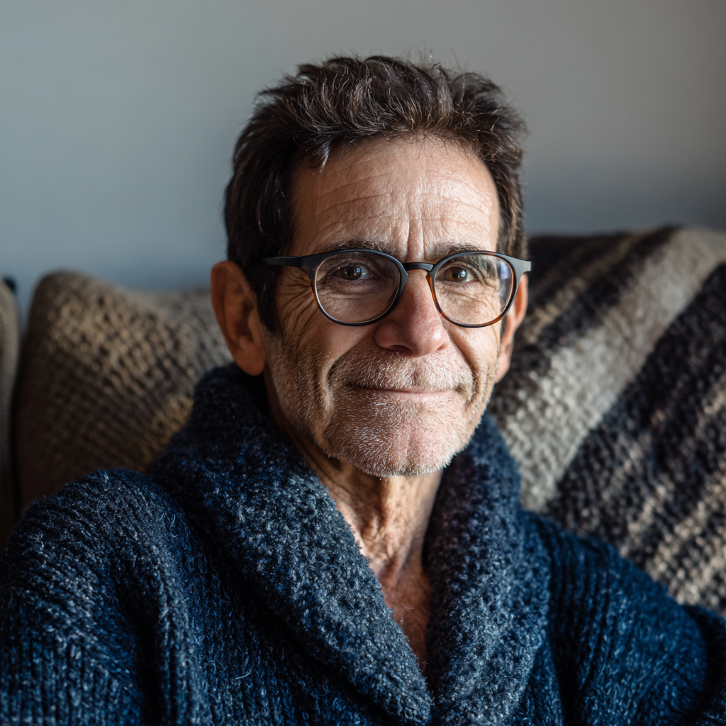 Un homme âgé souriant assis sur un canapé | Source : Midjourney