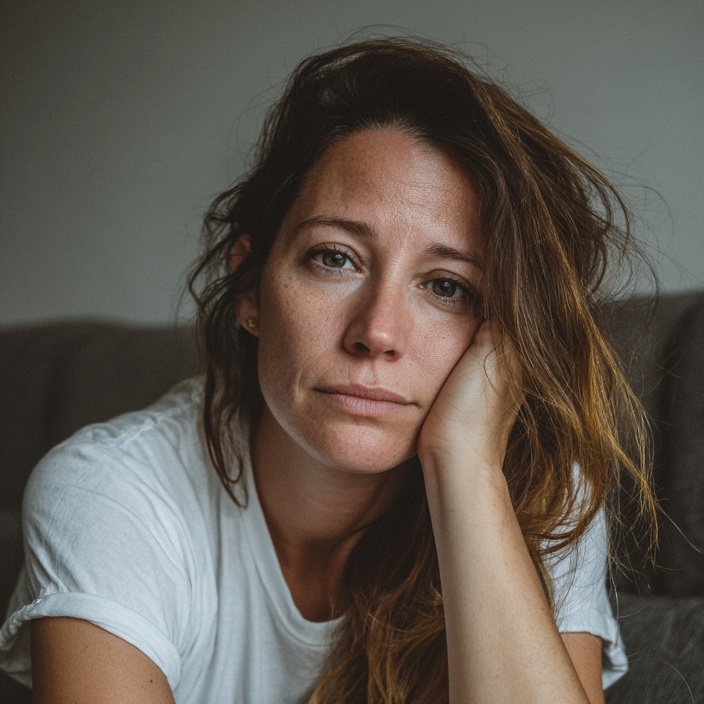 Une femme émue assise sur un canapé | Source : Midjourney