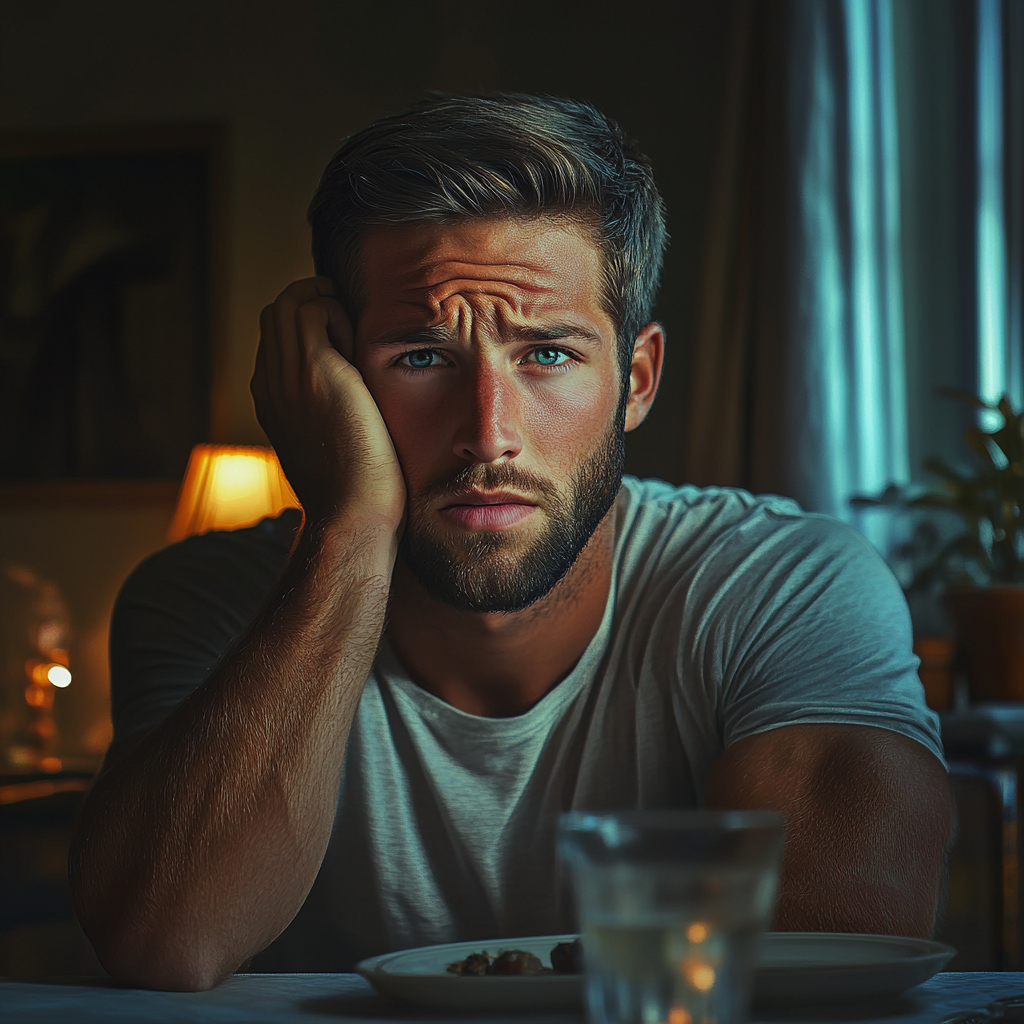 Un homme inquiet à une table de dîner | Source : Midjourney