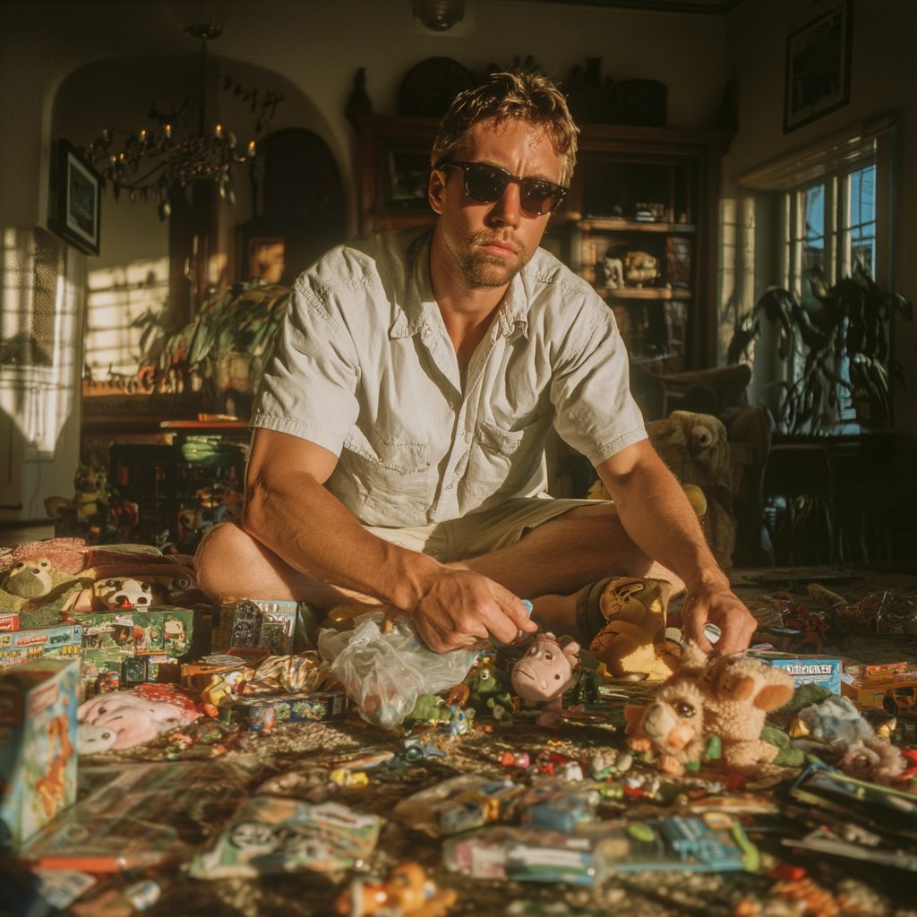 Un homme sérieux en train d'emballer des jouets | Source : Midjourney
