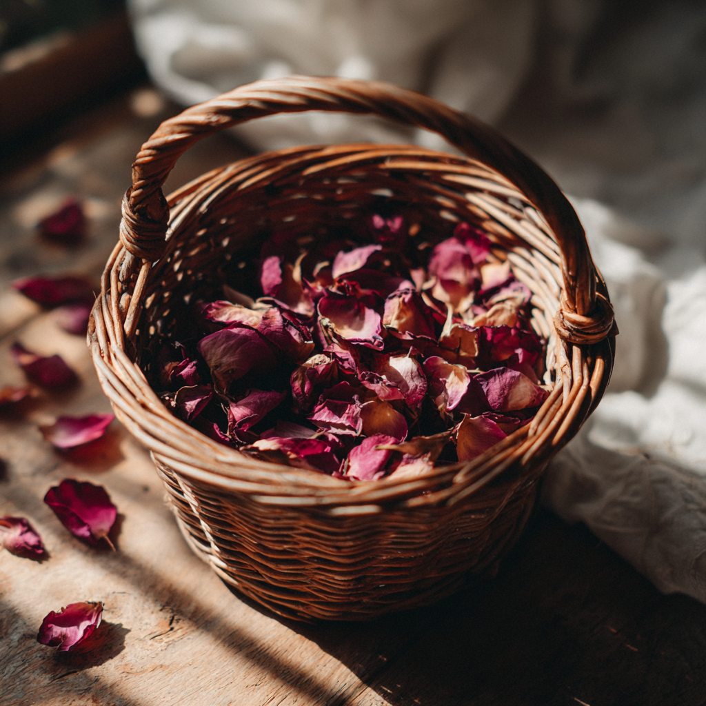 Un panier de pétales de roses sèches | Source : Midjourney