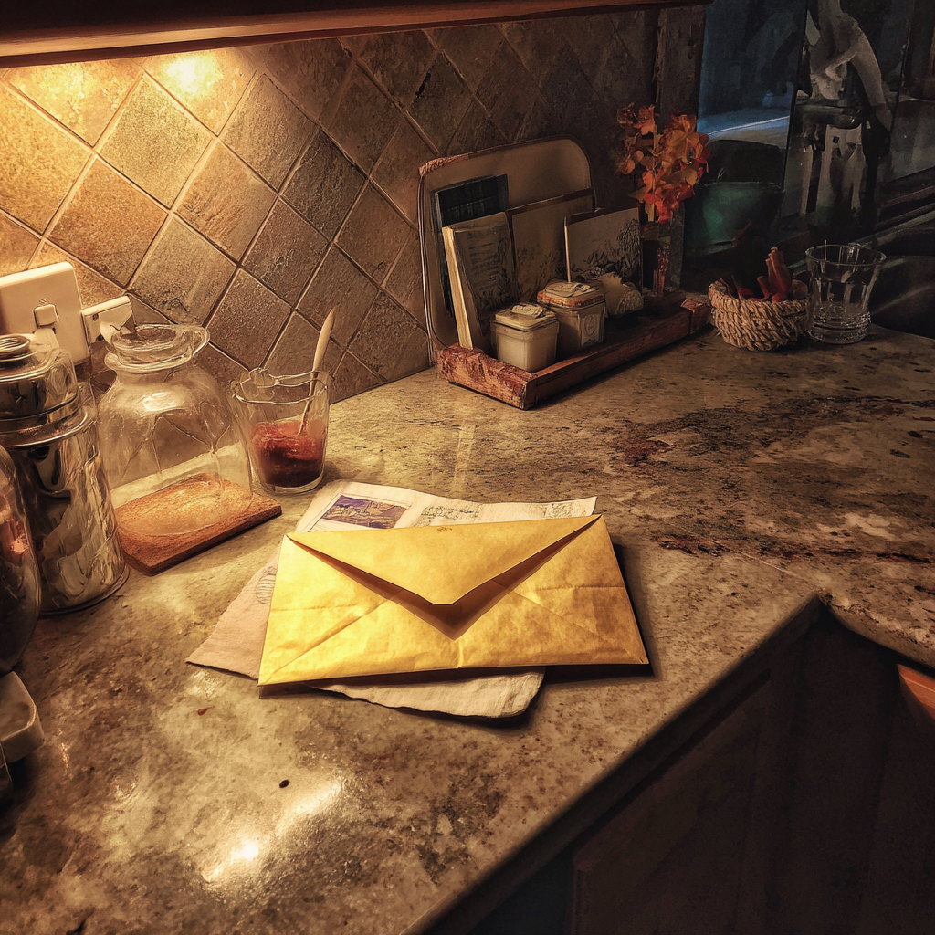 Une enveloppe sur un comptoir de cuisine | Source : Midjourney