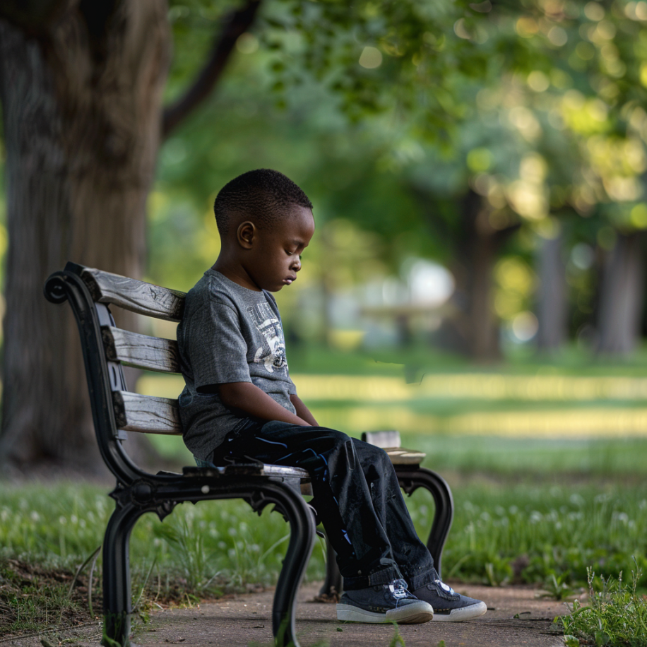 Un garçon assis seul sur un banc dans un parc | Source : Midjourney