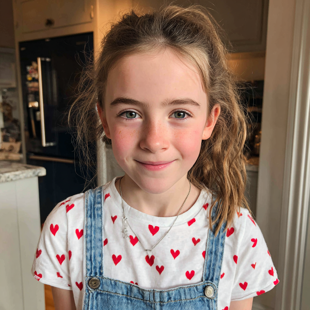 Une petite fille souriante en salopette | Source : Midjourney