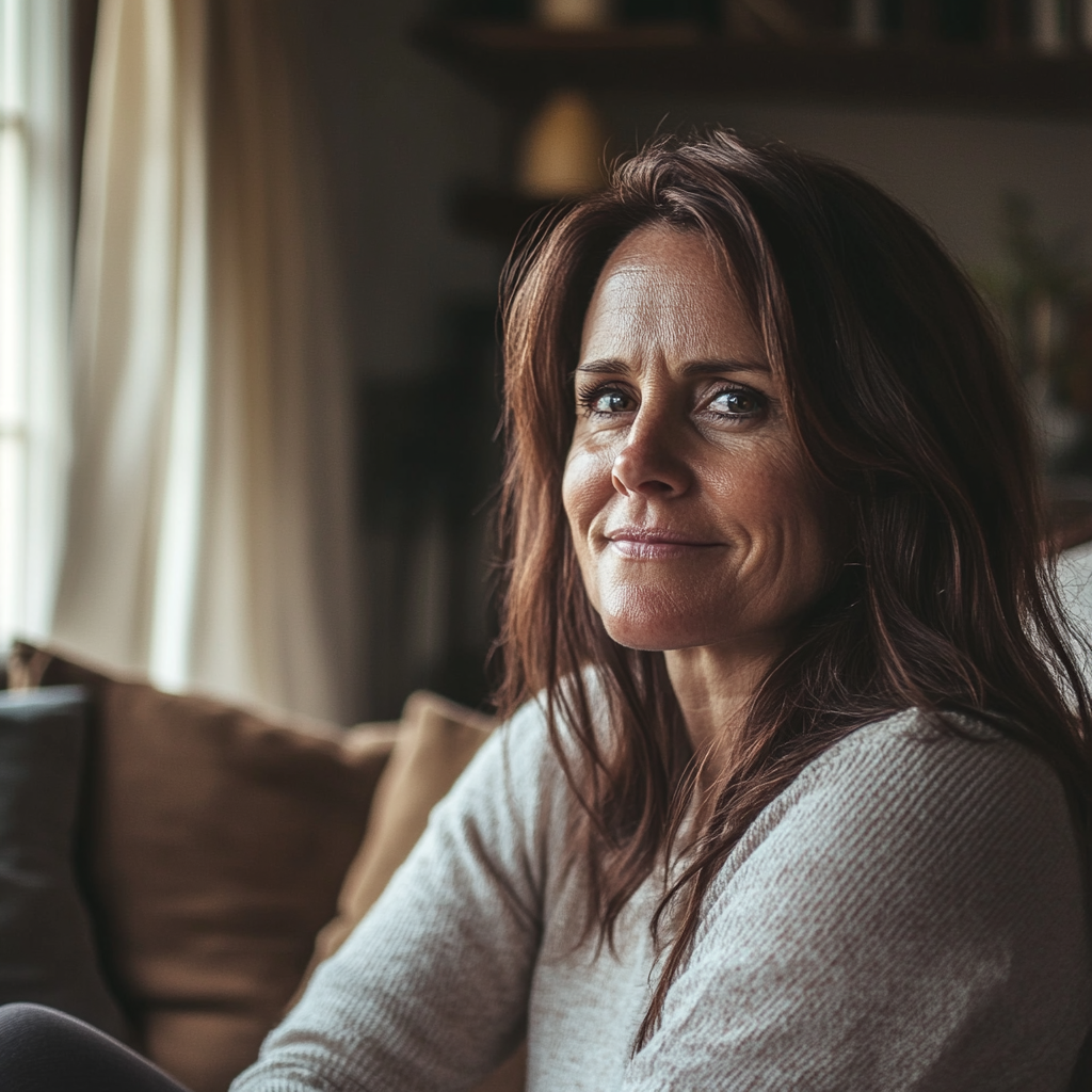 Une femme souriant avec assurance, assise dans son salon | Source : Midjourney