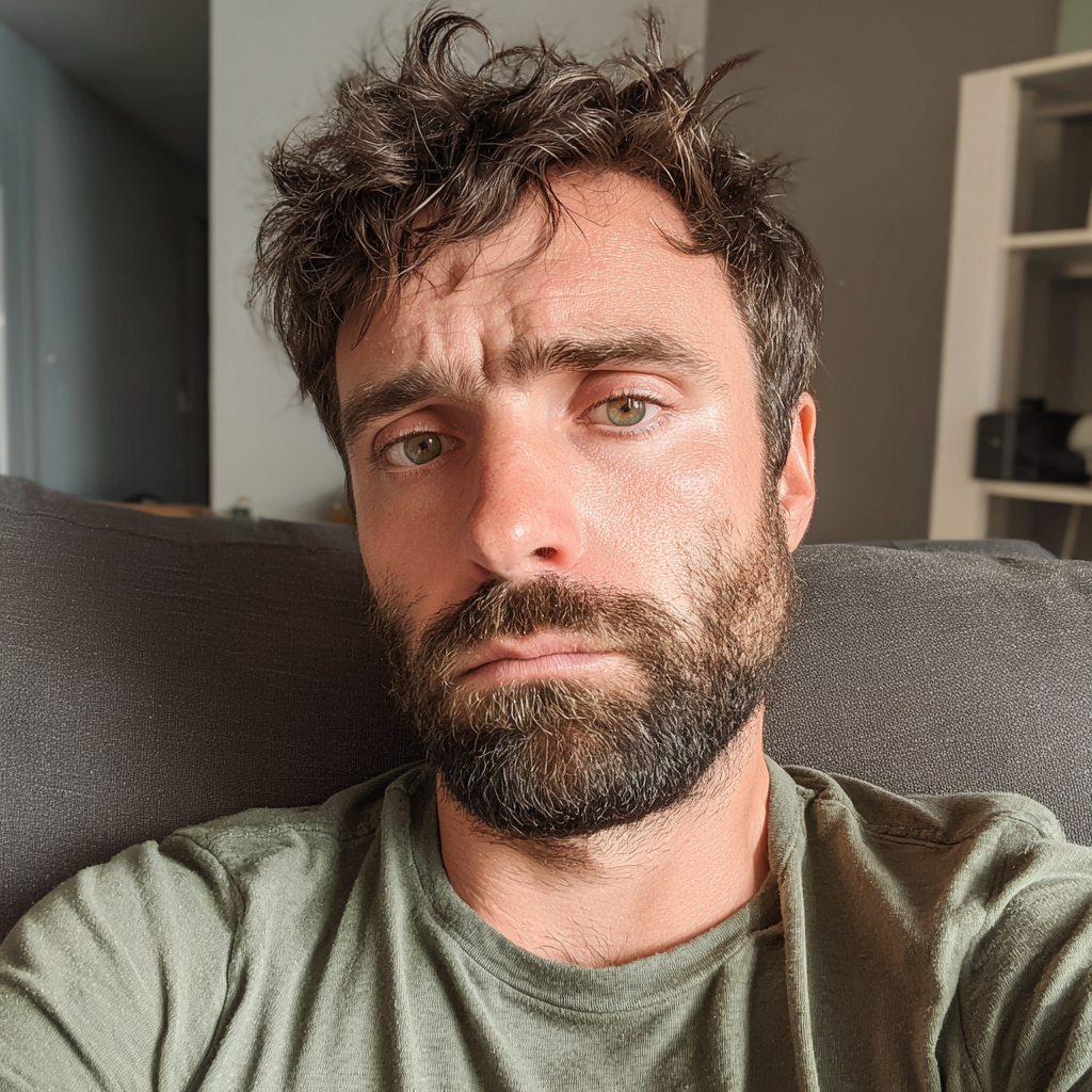 Un homme émotif assis sur un canapé | Source : Midjourney
