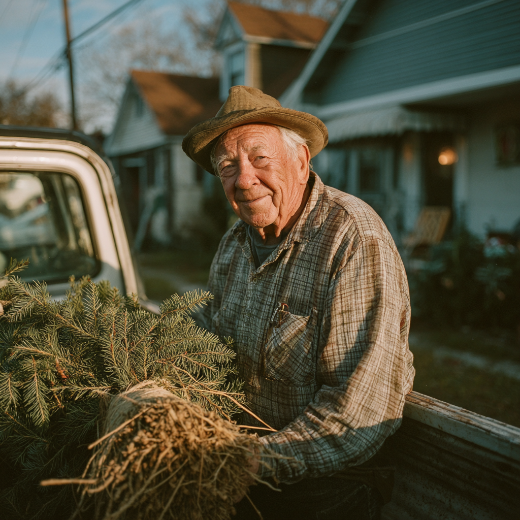 Un homme qui dépose un sapin de Noël | Source : Midjourney