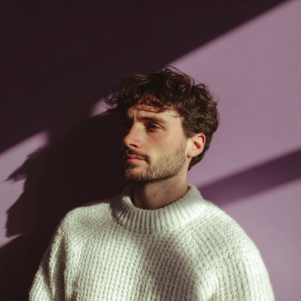 Un homme pensif portant un pull blanc | Source : Midjourney