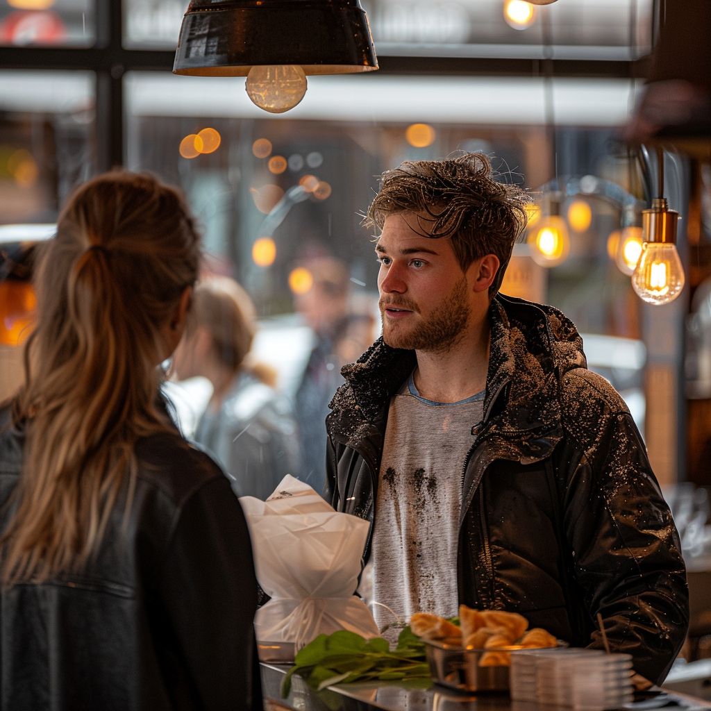 Un homme à la réception d'un restaurant discutant avec l'une des employées | Source : Midjourney