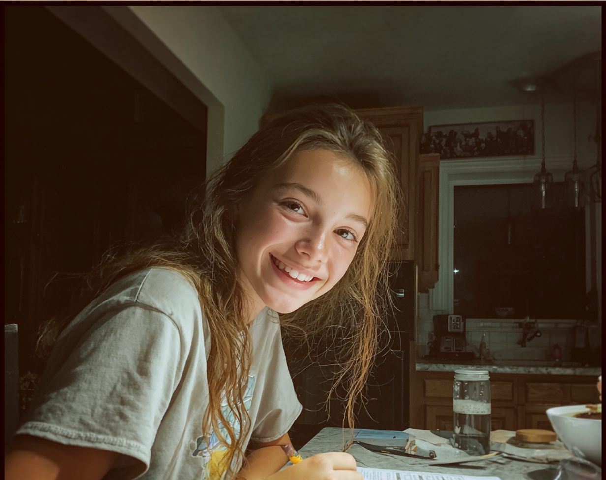 Une fille assise à une table et faisant ses devoirs | Source : Midjourney