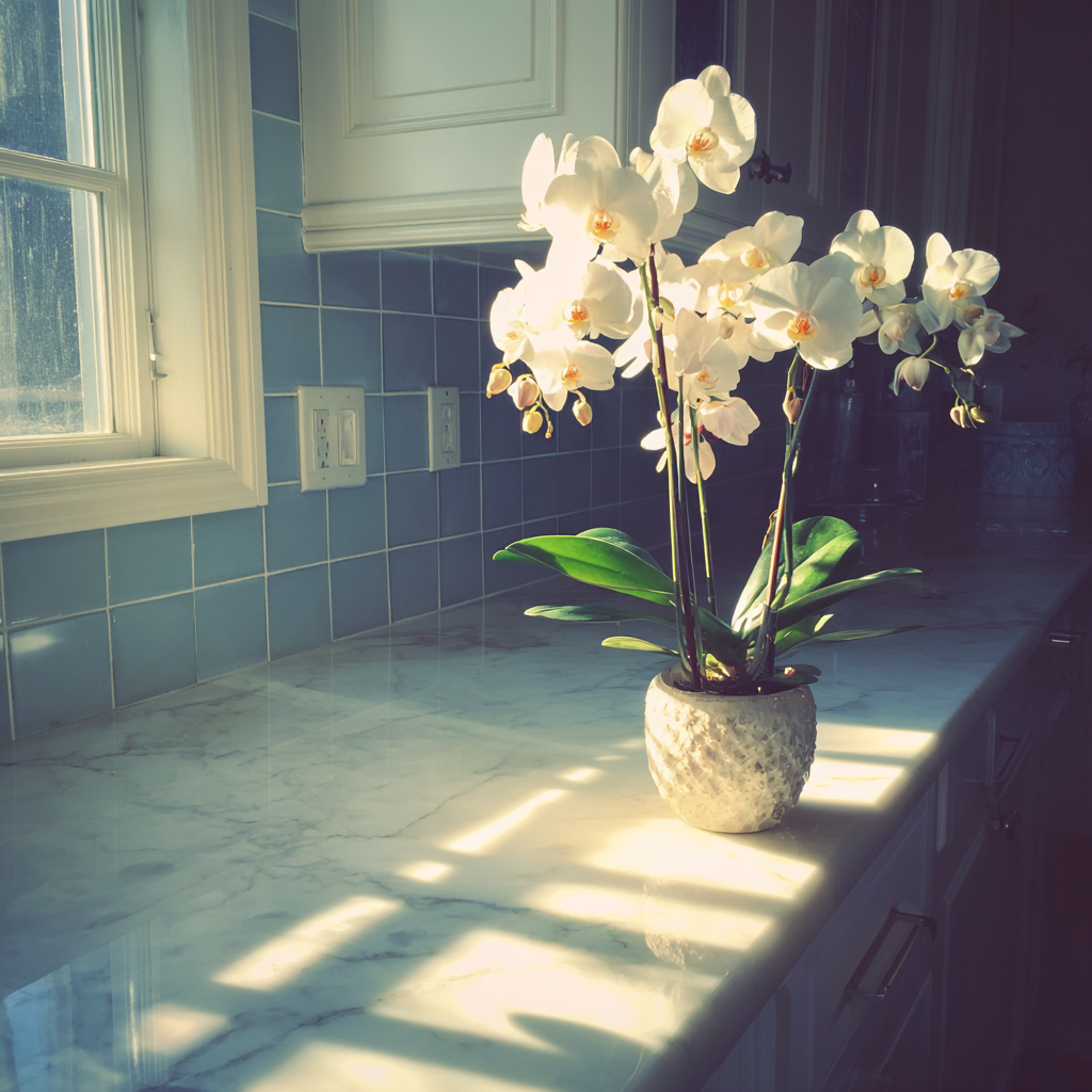 Une orchidée blanche sur un comptoir de cuisine | Source : Midjourney