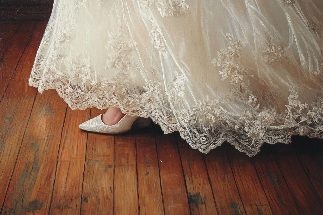 Une mariée marchant sur un plancher en bois | Source : Midjourney