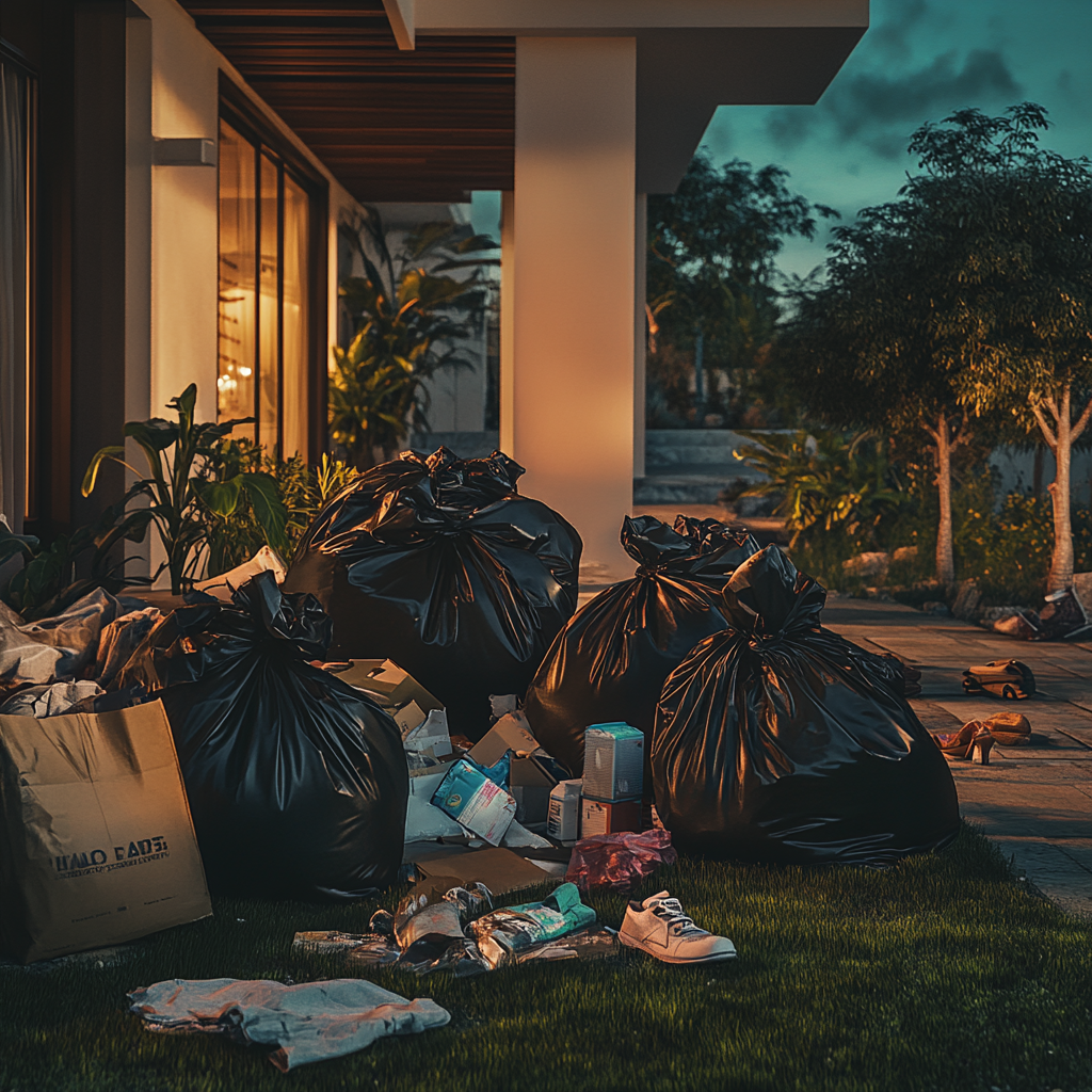 Les affaires d'une personne jetées dans des sacs poubelles à l'extérieur d'une maison | Source : Midjourney