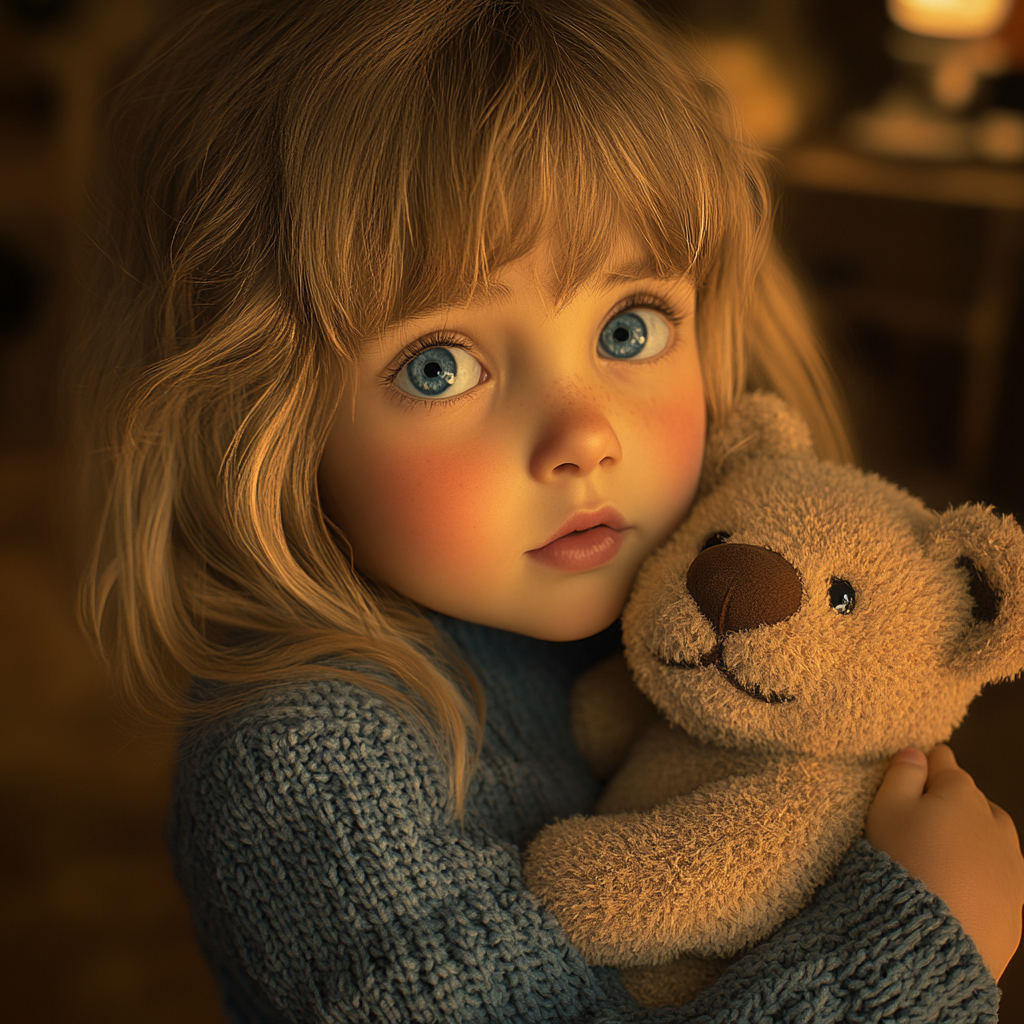 Une petite fille tenant son ours en peluche | Source : Midjourney