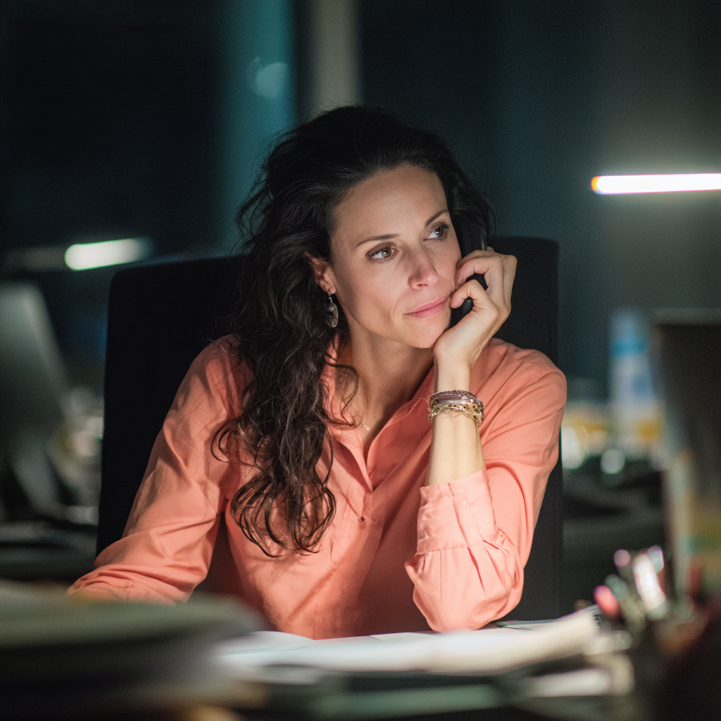 Une femme assise à son bureau et parlant au téléphone | Source : Midjourney