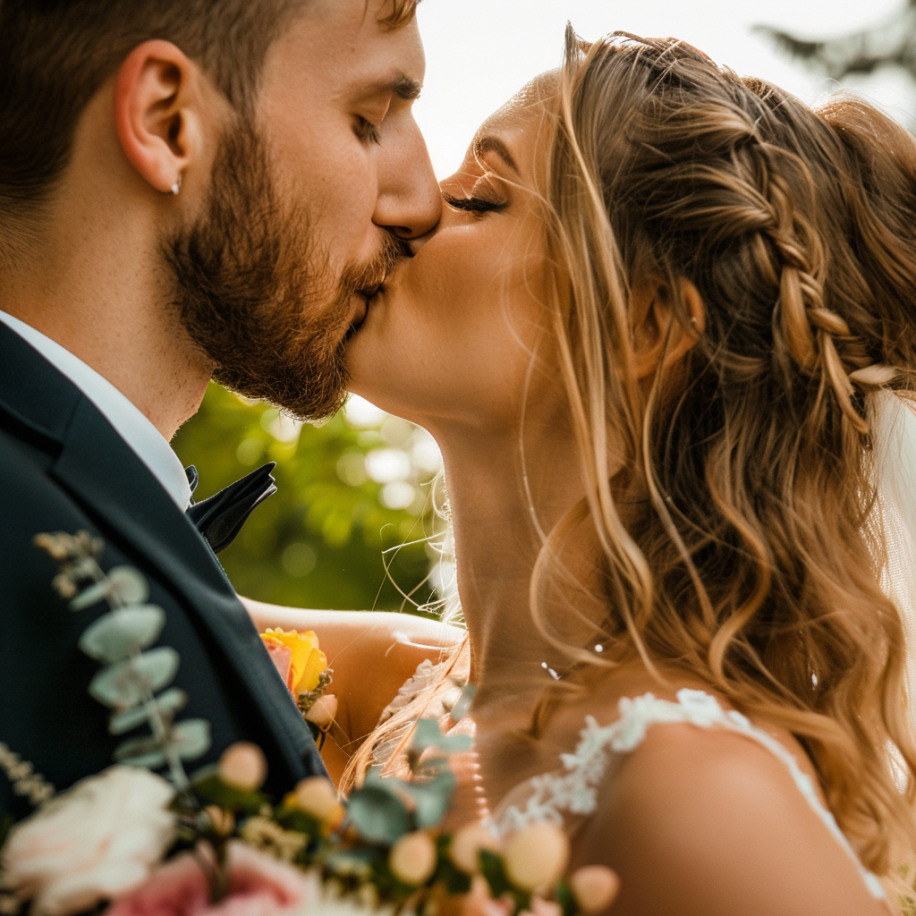 Gros plan d'une mariée et d'un marié qui s'embrassent | Source : Midjourney