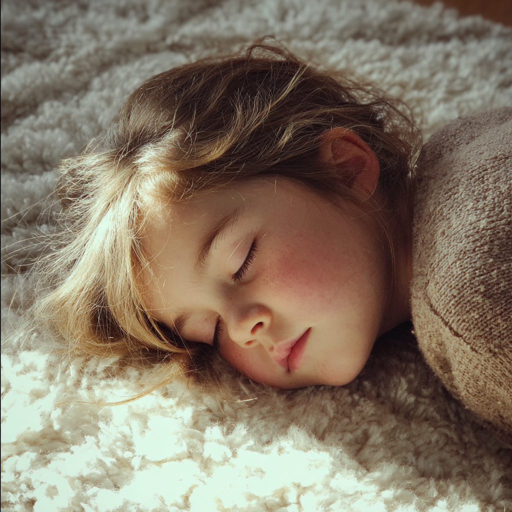 Une petite fille qui dort sur un tapis blanc | Source : Midjourney