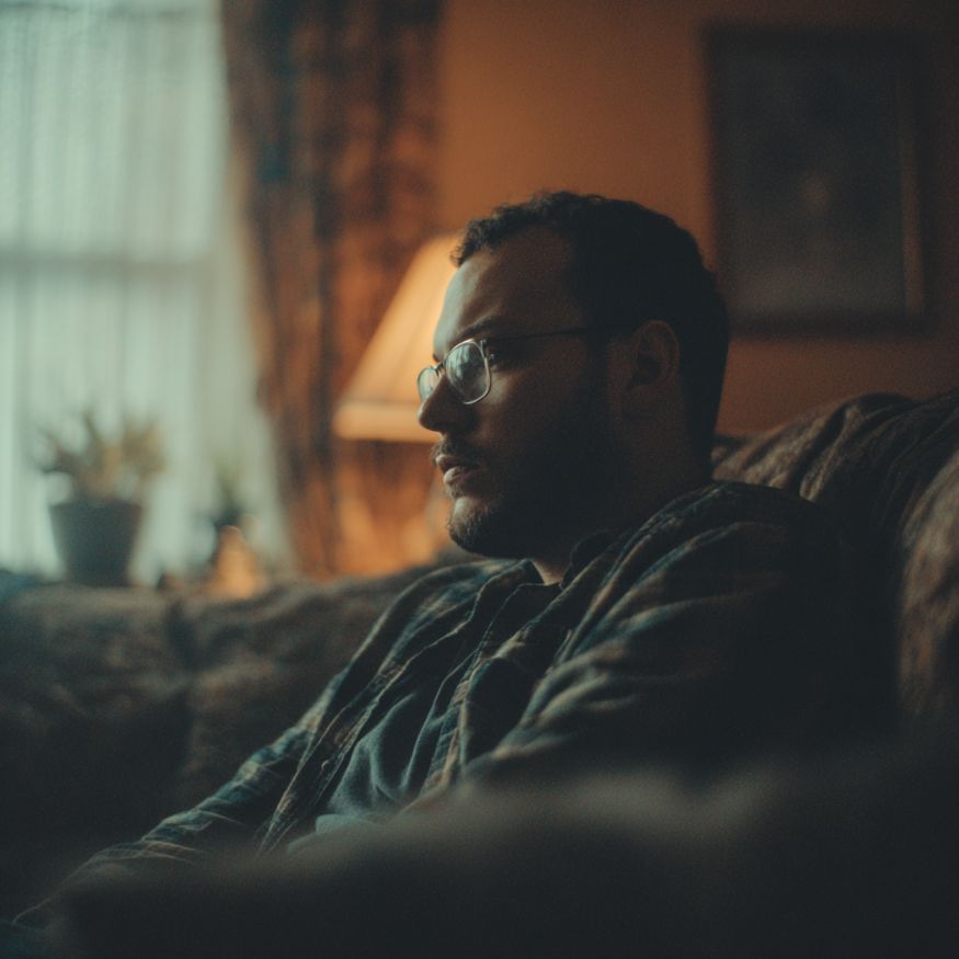 Un homme assis sur un canapé | Source : Midjourney