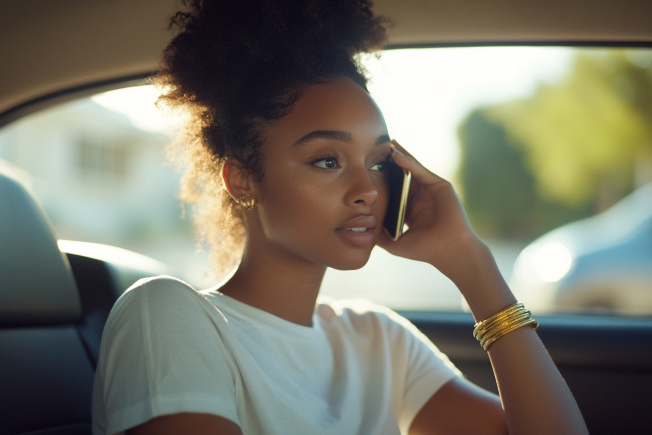 Une femme au téléphone alors qu'elle est assise dans une voiture | Source : Midjourney