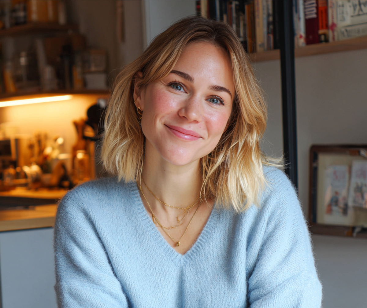 Une femme souriante portant un gilet bleu | Source : Midjourney