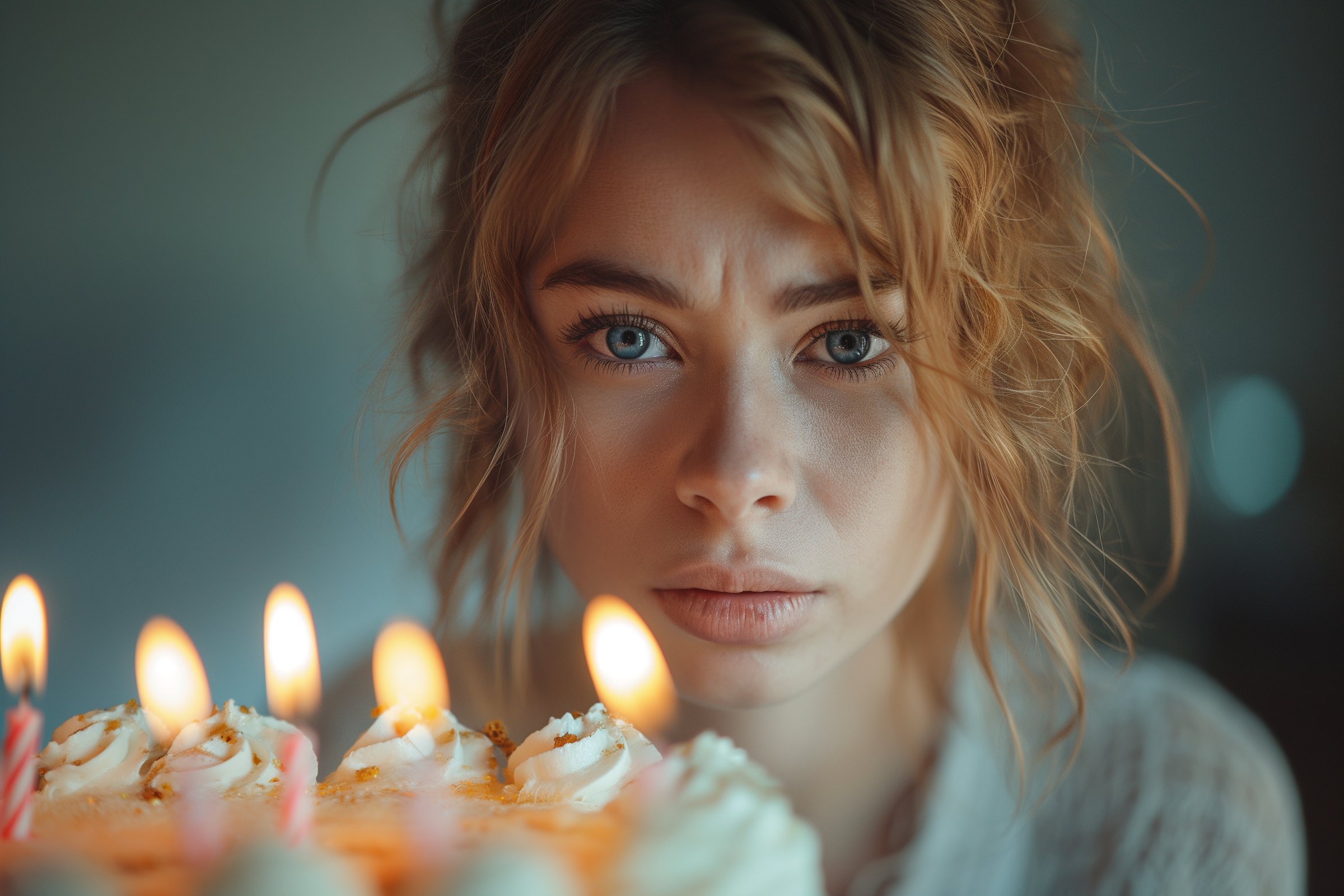 Een serieuze vrouw en een verjaardagstaart | Bron: Midjourney