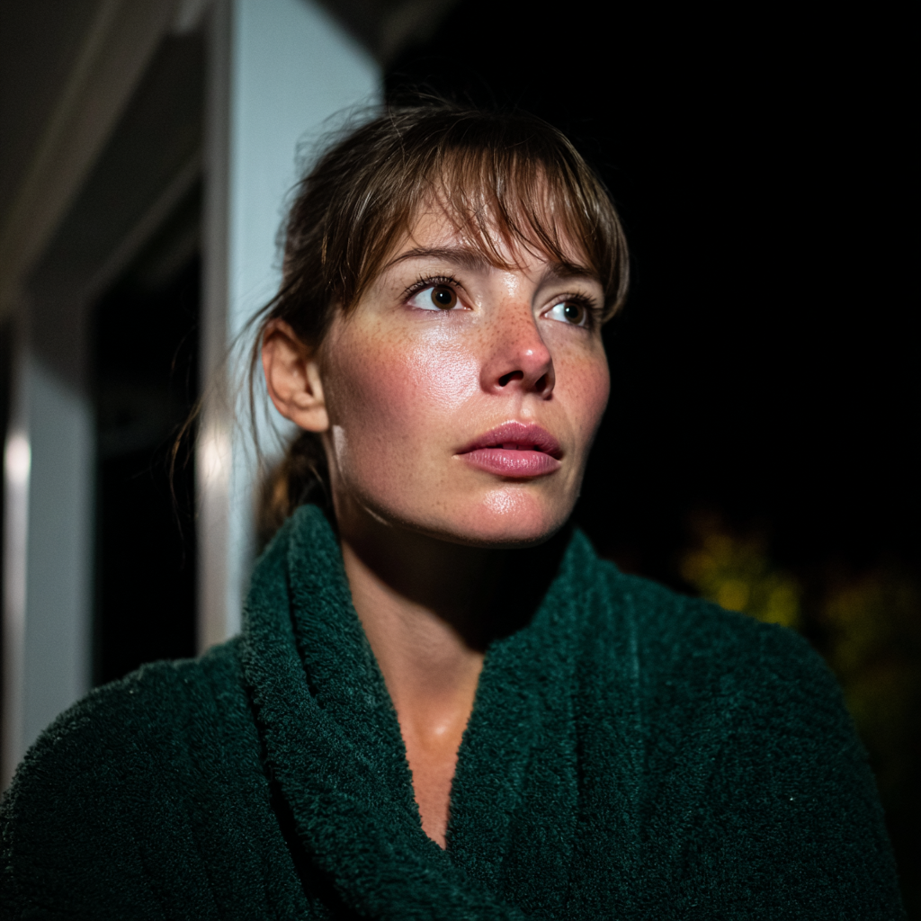Une femme debout sur un porche dans sa robe de chambre | Source : Midjourney