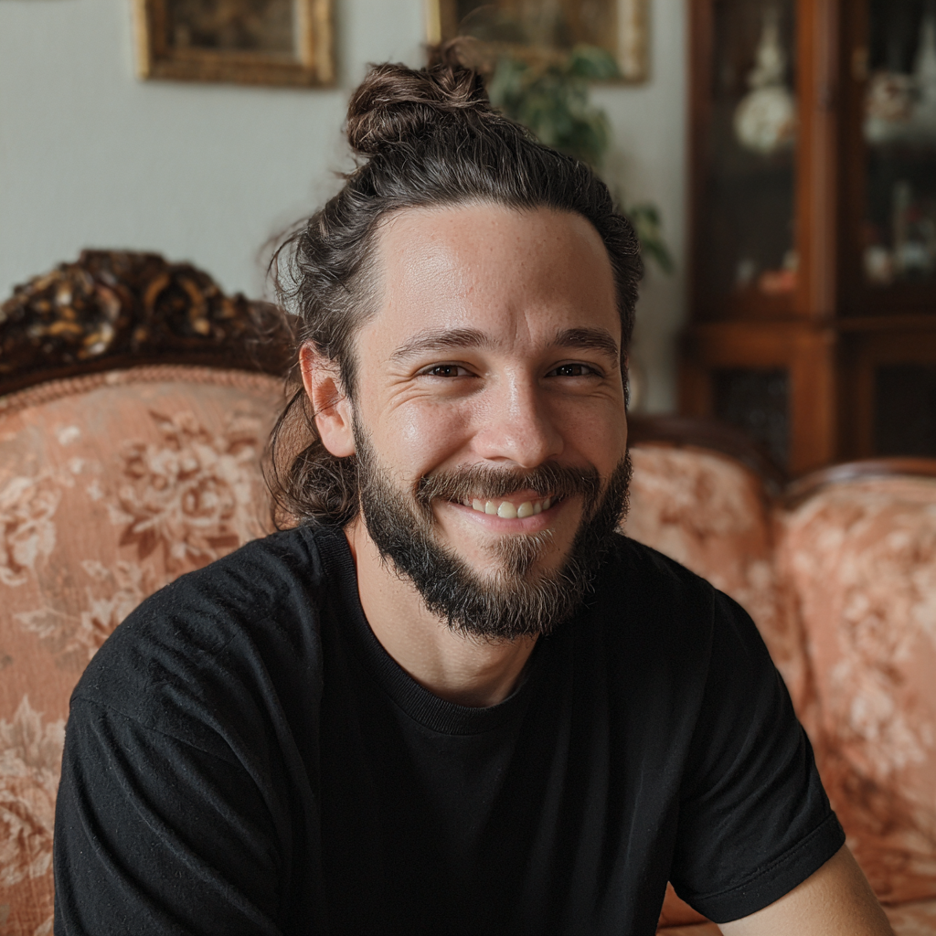 Un homme souriant assis sur un canapé | Source : Midjourney