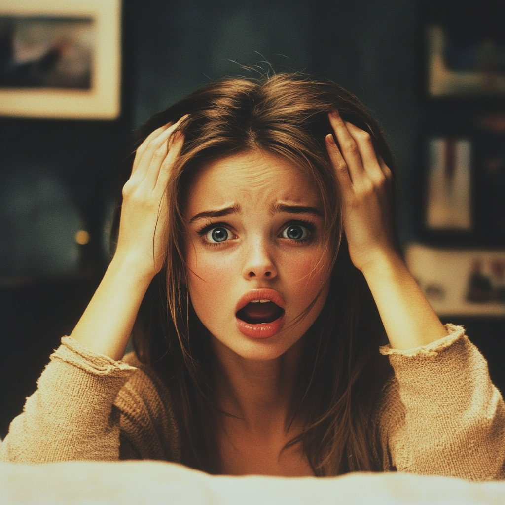 Une femme effrayée qui se tient la tête | Source : Midjourney