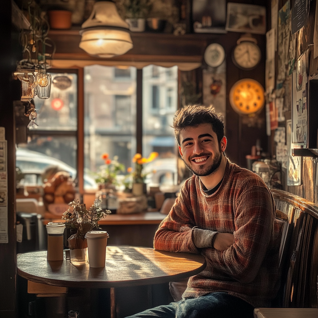 Jeune homme souriant dans son café confortable | Source : Midjourney