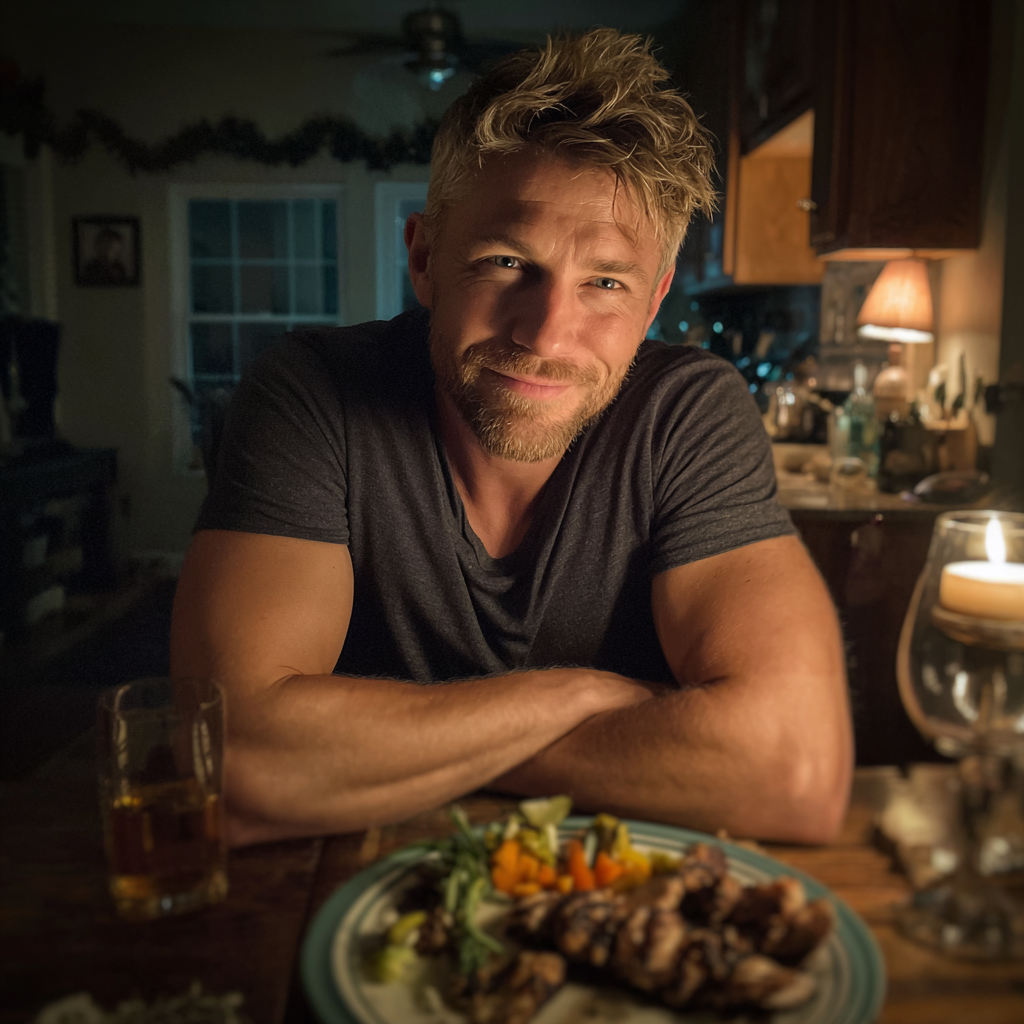 Un homme souriant assis à une table | Source : Midjourney