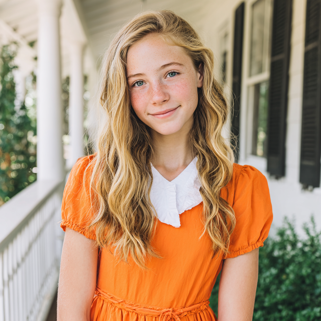 Une adolescente souriante debout sous un porche | Source : Midjourney