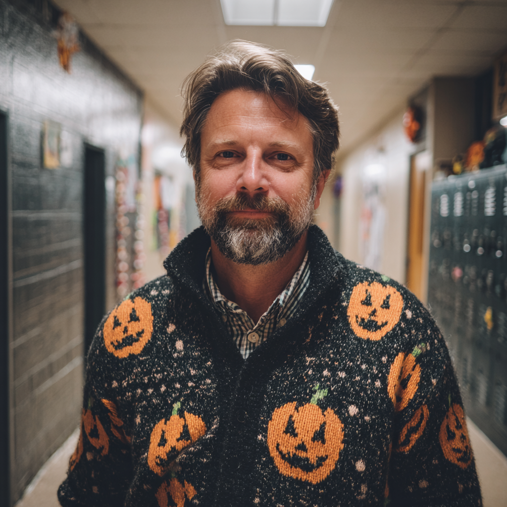 Un homme souriant portant un gilet en forme de citrouille | Source : Midjourney