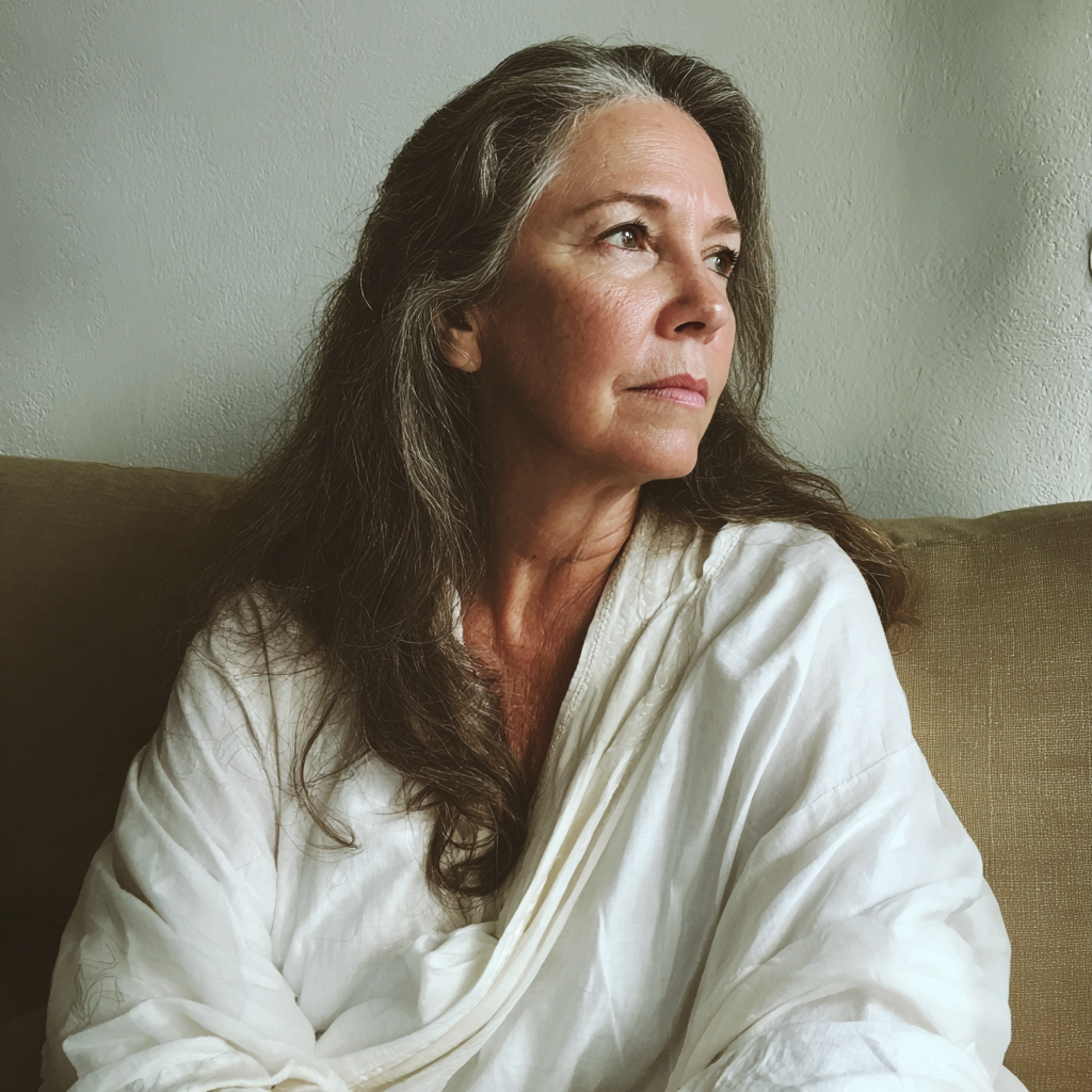 Une femme âgée pensive assise sur un canapé | Source : Midjourney