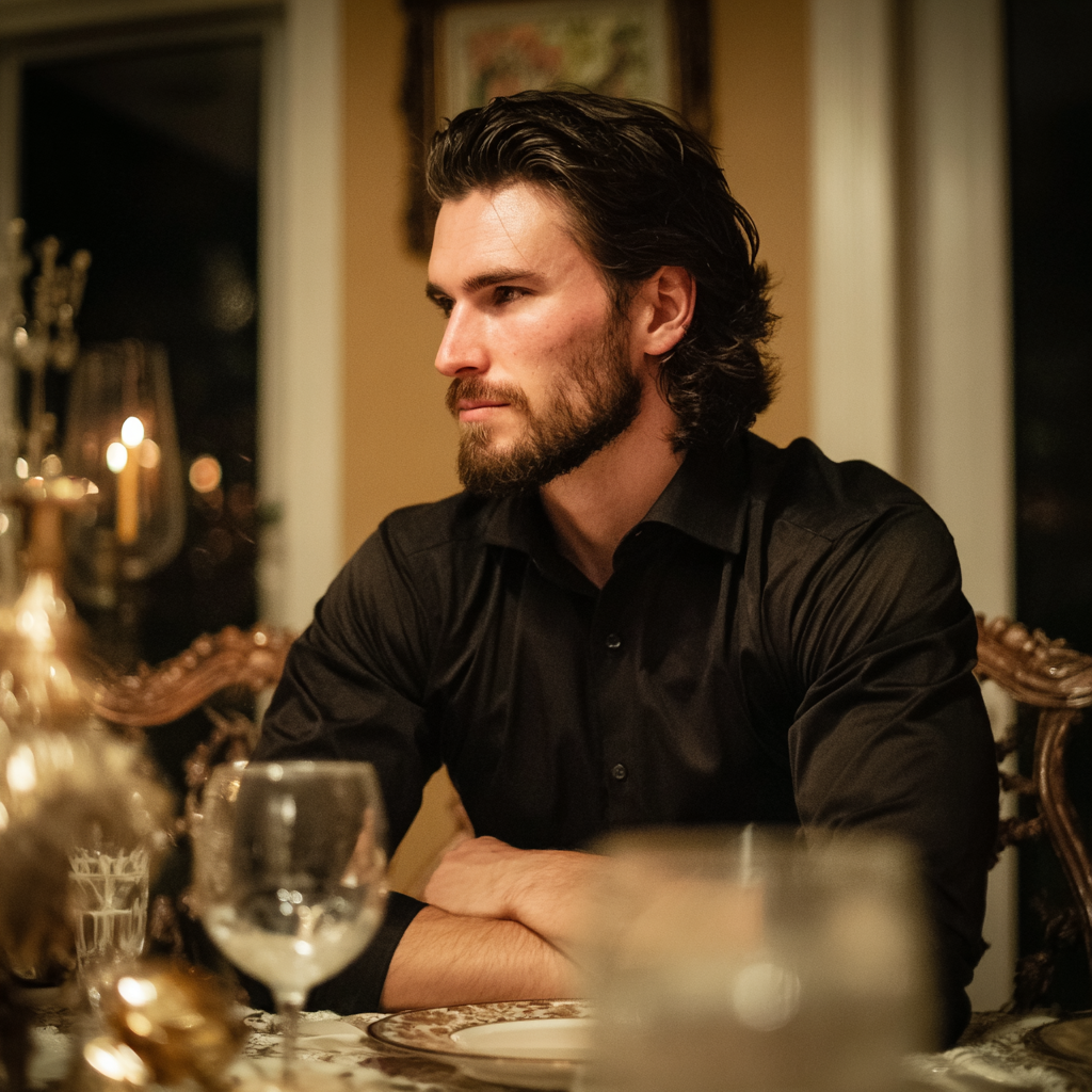 Un homme pensif assis à une table à manger, les bras croisés | Source : Midjourney
