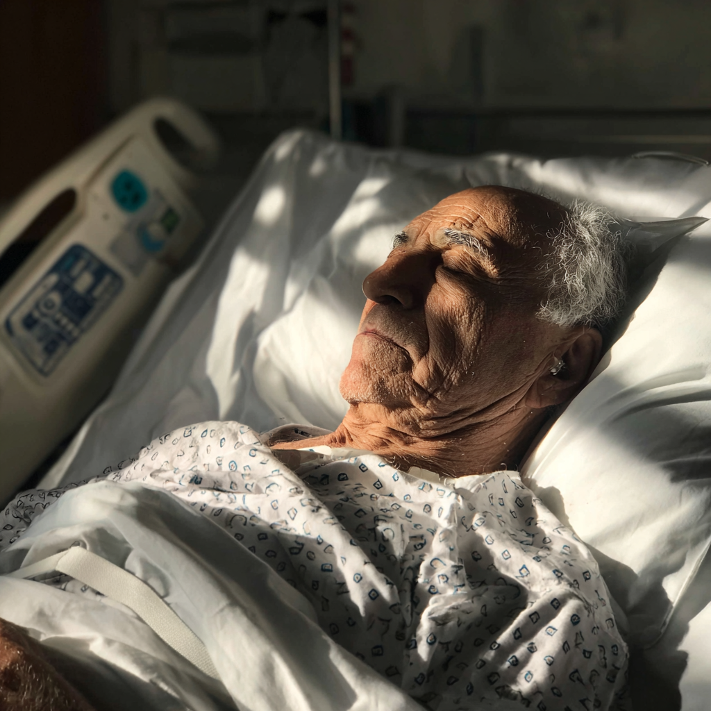 Un homme âgé dormant dans un lit d'hôpital | Source : Midjourney