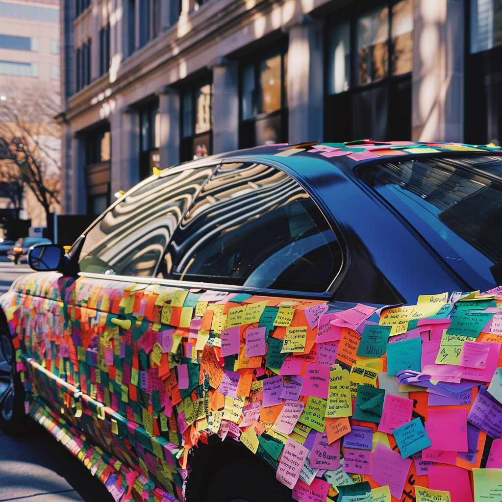 Une voiture couverte de notes adhésives | Source : Midjourney